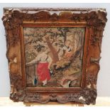 Antique embroidery, the milk-maid and the piper, in original ornate frame (a/f), 5220