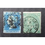 QV 1841 2d blue with 4 good margins together with a 1871 1s green (2) Both used