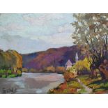 Mid 20thC, Continental school oil on board, "Country river scene" signed Schlit, framed, The