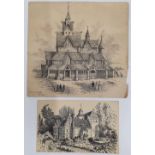 2 Alfred Bowyer Clayton (1795-1855) 1830s pen & ink "Grand historic houses, 1 in Norway & 1 from