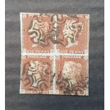 RARE - QV 1841 1d imperf block of 4 reds (D-B C-E), plate 18, with black Maltese Cross