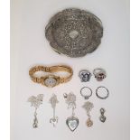 Collection of 2 cocktail rings, silver coloured necklaces, a white metal pin dish and a ladies