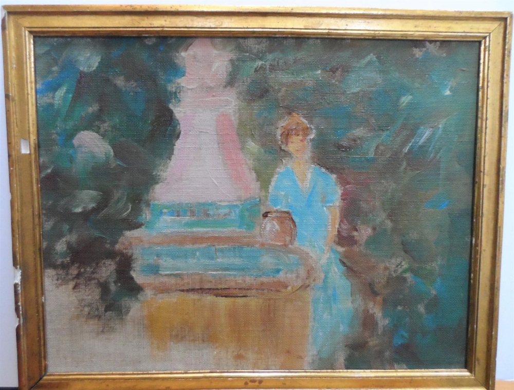 Unsigned, Central European impressionist school oil on board, of a lady by the water fountain, - Image 2 of 3