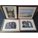 4 items to include a framed, landscape watercolour, a coloured etching & 2 prints of Ravilious,