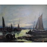 Indistinctly signed 20thC impressionist oil on canvas, "Fishing boats in harbour", original 1960s