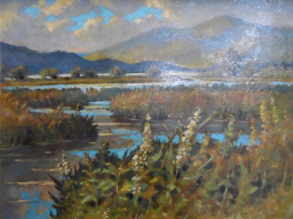 Unsigned, oil on board, View across the marshlands, framed, The oil measures 44 x 56 cm