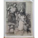 Attributed Archibald Standish HARTRICK (1864-1950) etching "The cleaners", unframed 16 x 34 cm