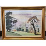 John F Plummer 1987 watercolour & ink picture of a house in extensive gardens, framed, The picture