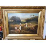 I D Hill, fine Victorian oil on board, depicting a harvesting scene in superb original gesso