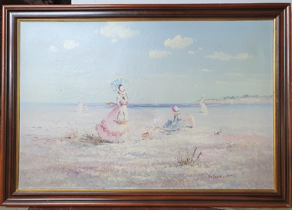 Attributed to Yvonne Dupre (French 20thC), large oil on canvas of Edwardian ladies with parasols