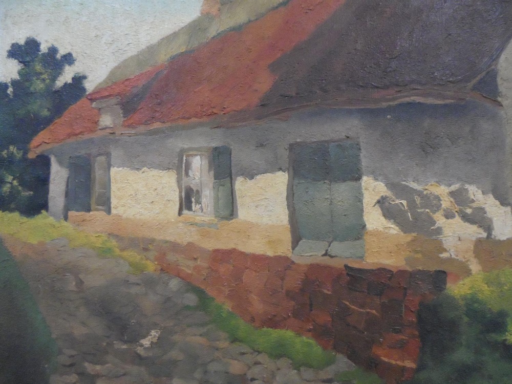 Indistinctly signed 1937 French oil on canvas, "Country farmhouse", unframed, The oil measures 36 - Image 2 of 5