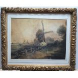Unsigned, early 20thC Dutch school impressionist watercolour "Windmill in landscape" in superb