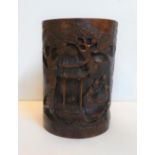 Antique Chinese carved wood pot-brush holder, 18cm high x 12 cm in diameter