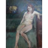 Unsigned mid 20thC oil on board, "Seated female nude", framed, The oil measures 39 x 29 cm