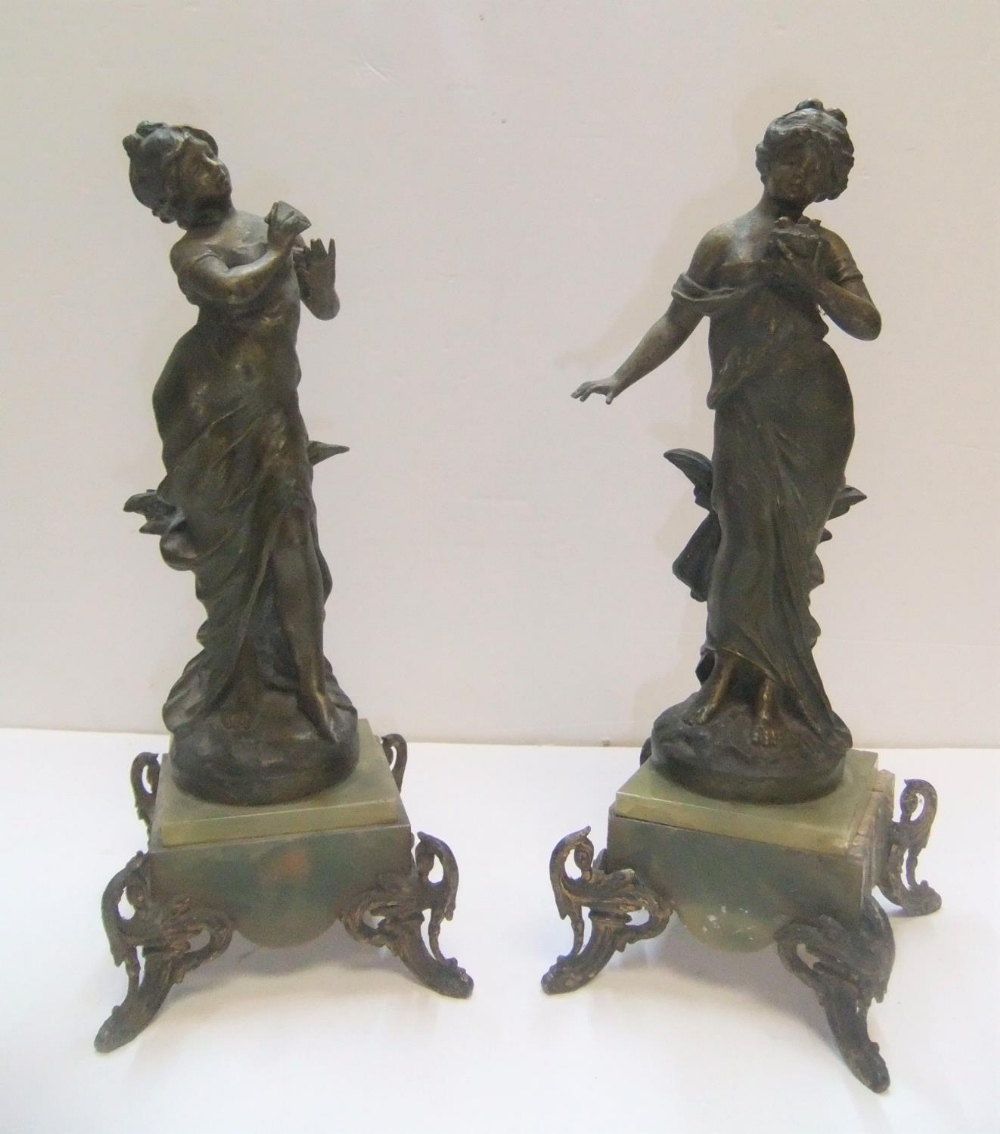 Antique pair of female nymphs on onyx stands after Moreau (a/f) Both at 39 cm high