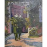 Unsigned 1980s oil on board, "Villa doorway and gardens" framed, The painting measures 24 x 19 cm