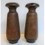 Unusual pair of Edwardian Arts & Crafts pokerwork wooden vases with metal band surrounds, both
