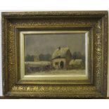 Unsigned Victorian school oil on board "Country cottage in winter landscape" in original frame 15