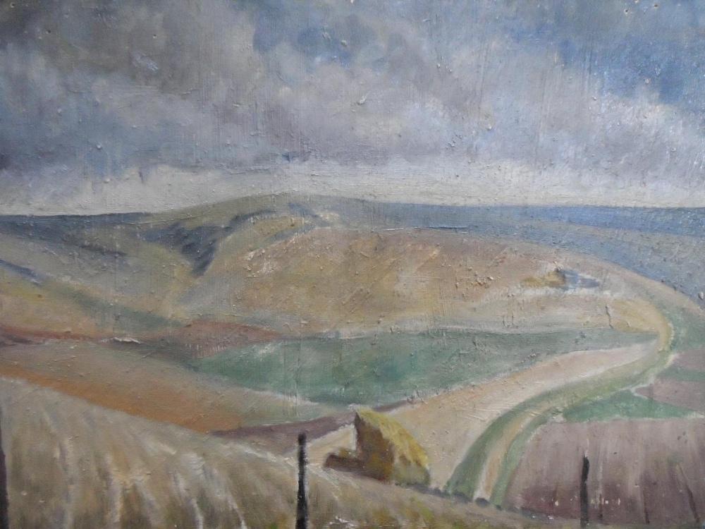 Unsigned, mid 20C British school oil on wood panel, in the style of Revilious/Nash, extensive open - Image 2 of 2