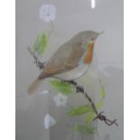 Exhibited Mall Galleries - Kenneth J. Wood (Redhill 1936-1992) 1980 gouache "Robin on a branch", The