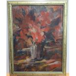 Unsigned, French post-impressionist oil on board, "Vase of red flowers", unsigned, framed, The oil