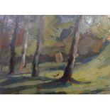 Indistinctly signed, 2007 post-impressionist oil on board, "Woodland", framed, The oil measures 22 x