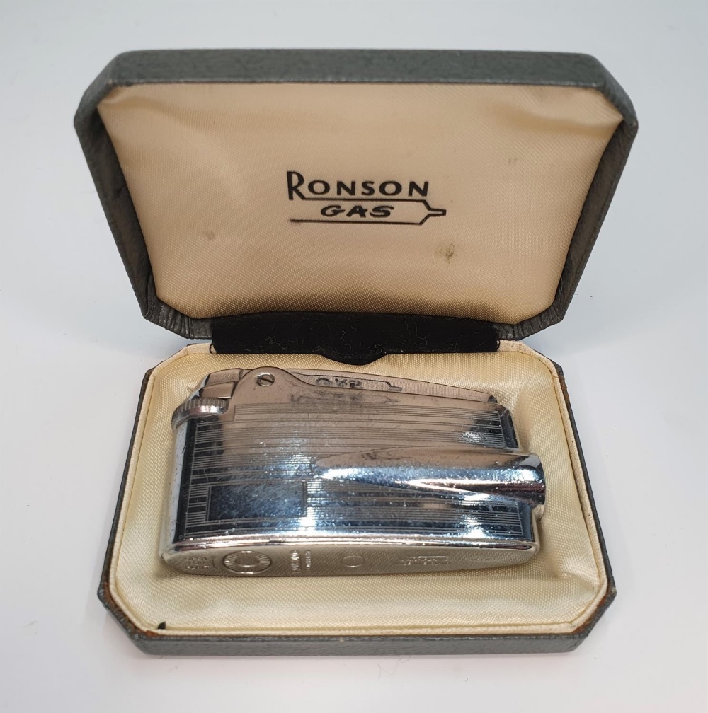 Mid 20thC Ronson metal gas lighter in original case