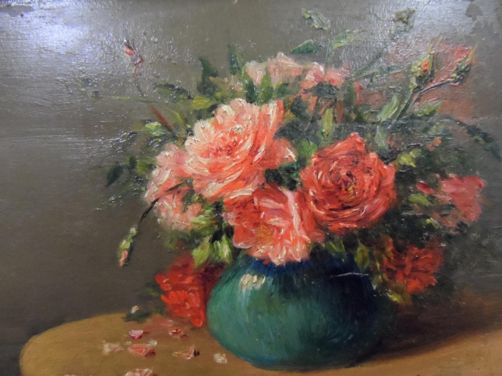 Indistinctly signed French oil on board, c1910 "Vase of flowers on a table" in original frame (frame