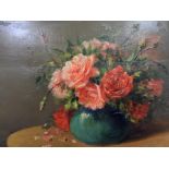 Indistinctly signed French oil on board, c1910 "Vase of flowers on a table" in original frame (frame