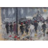 Unsigned, mid 20thC post-impressionist oil on board, Figures in a continental town square in