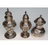 3 antique English silver pepper pots, to include 1 hallmarked 1899 Chester & 2 with Birmingham
