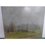 Indistinctly signed, French post-impressionist oil on canvas, "Misty country landscape", The oil