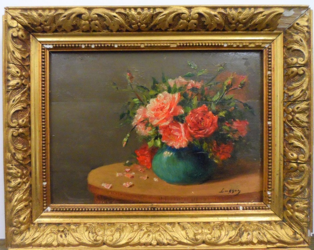 Indistinctly signed French oil on board, c1910 "Vase of flowers on a table" in original frame (frame - Image 4 of 8