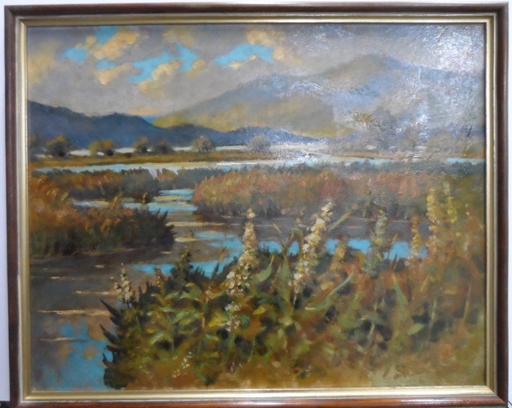 Unsigned, oil on board, View across the marshlands, framed, The oil measures 44 x 56 cm - Image 2 of 3