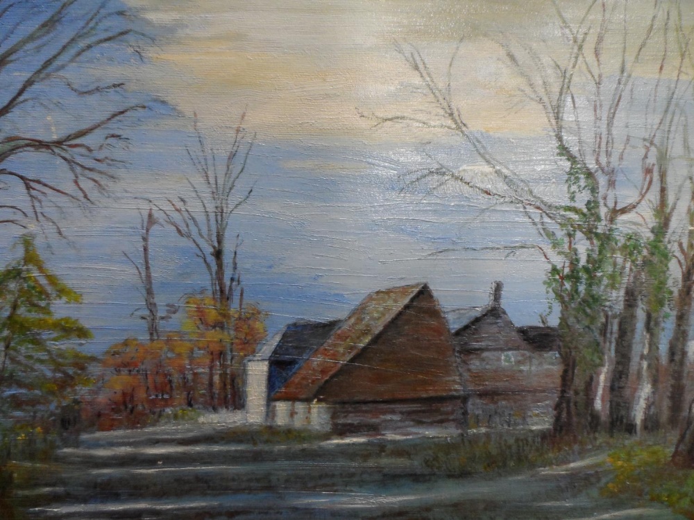 P Batten oil on board, "Barns at Mattingay", inscribed verso, framed, The oil measures 30 x 40 cm - Image 3 of 4