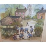 Susan M Ridyard watercolour "Boys at play in northern street", signed, framed, The w/c measures 37 x