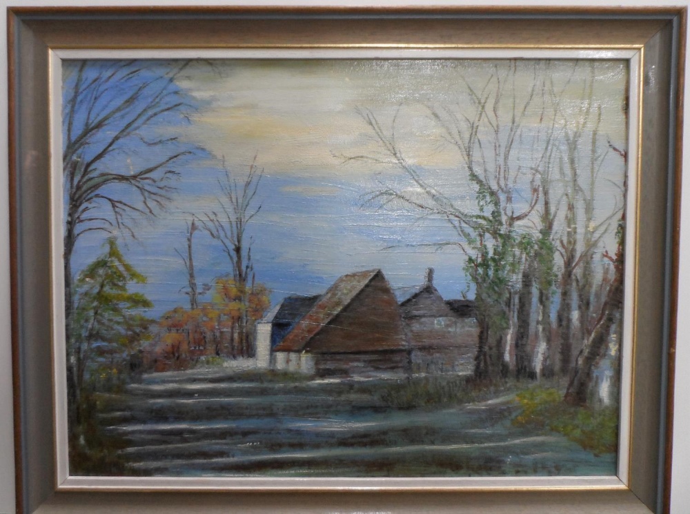 P Batten oil on board, "Barns at Mattingay", inscribed verso, framed, The oil measures 30 x 40 cm - Image 2 of 4