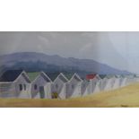 Roland Giddings watercolour, Beach huts, Bognor Regis", signed, labels verso, mounted, framed and