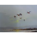 Howard Devonald (b. 1944) oil on canvas, "Mallards in flight at dusk", signed & in pleasing gilt