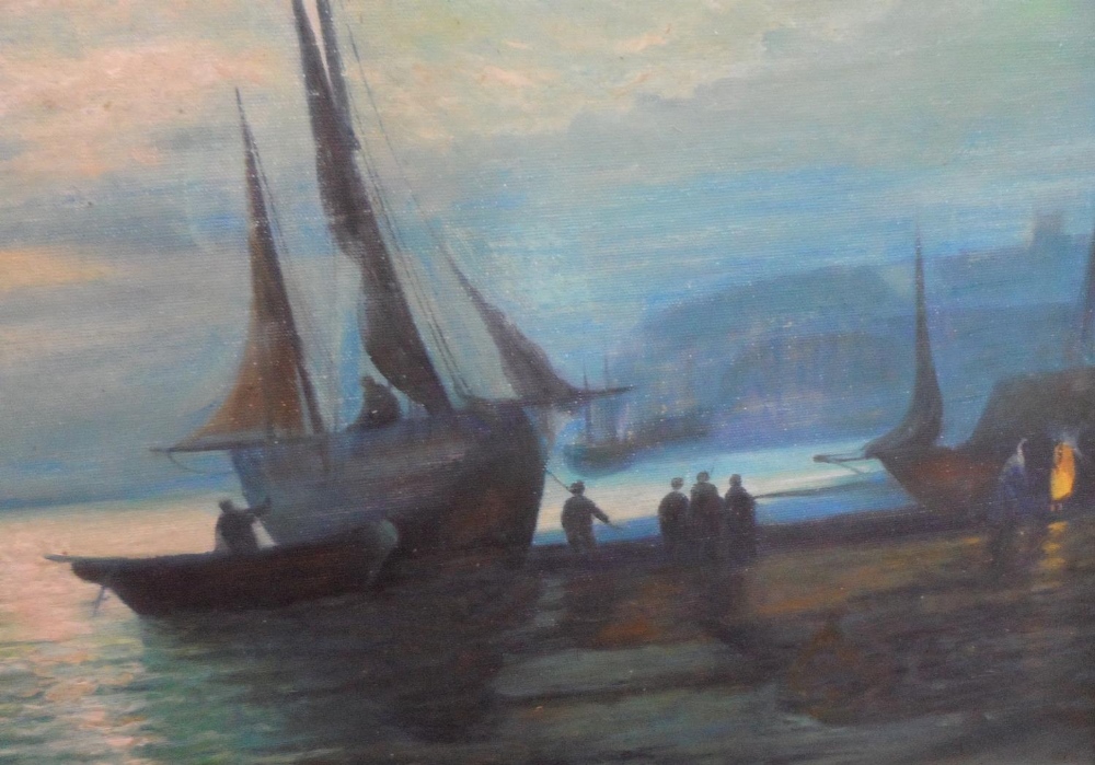 Unsigned, early 20thC oil on canvas, "Beached fishing boats near Whitby", framed, The painting - Image 3 of 4