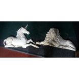 Victorian cast metal, large pair, Lion & Unicorn, both painted in white. 50 x 64 cm. Provenance -