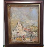 Alberto Martinez, South American scene oil on board, "Figures before a church", signed framed, The