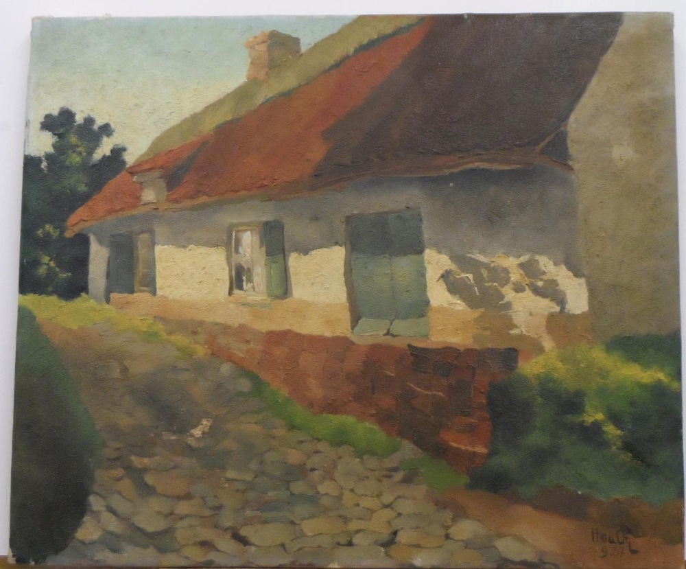 Indistinctly signed 1937 French oil on canvas, "Country farmhouse", unframed, The oil measures 36