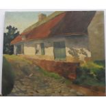 Indistinctly signed 1937 French oil on canvas, "Country farmhouse", unframed, The oil measures 36