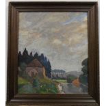 Unsigned, mid 20thC French modernist river landscape oil on board, unsigned, hardwood frame, The oil