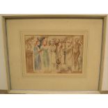 T F Yorke c1940 stylised watercolour "Figures at an exhibition", signed, framed 16 x 23 cm