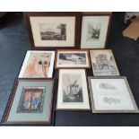 8 various pencil sketches, etchings prints etc, all by differing artists, all framed etc (8)