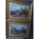 Pair of Edwardian river scene oils on board in matching original gilt frames, Both oils measures