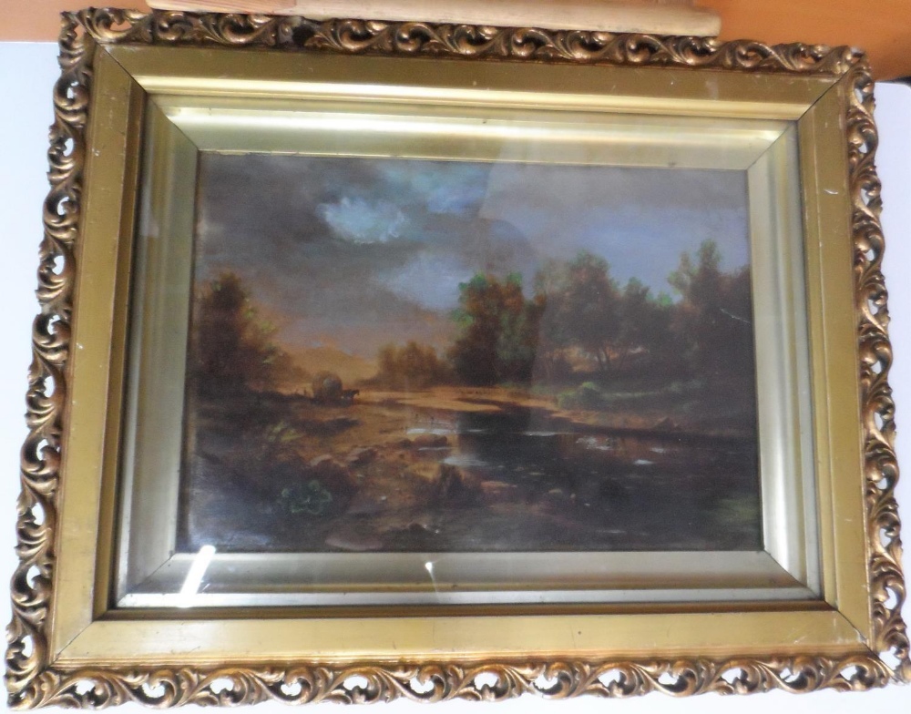 Albert Rieger (1834-1905) oil over print base, Haycart crossing a river in Edwardian pieced frame, - Image 3 of 4