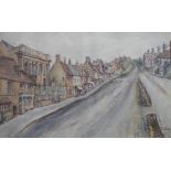 Large Kathleen Lawrie 1955 watercolour "High Street, Burford", signed and dated, mounted but